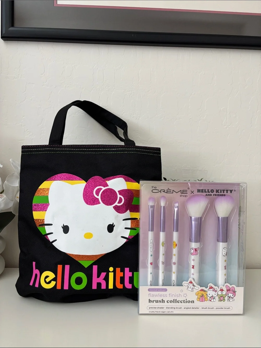 Hello Kitty Kids Black Tote Bag with Pink Glitter Heart & Makeup Brush Set
